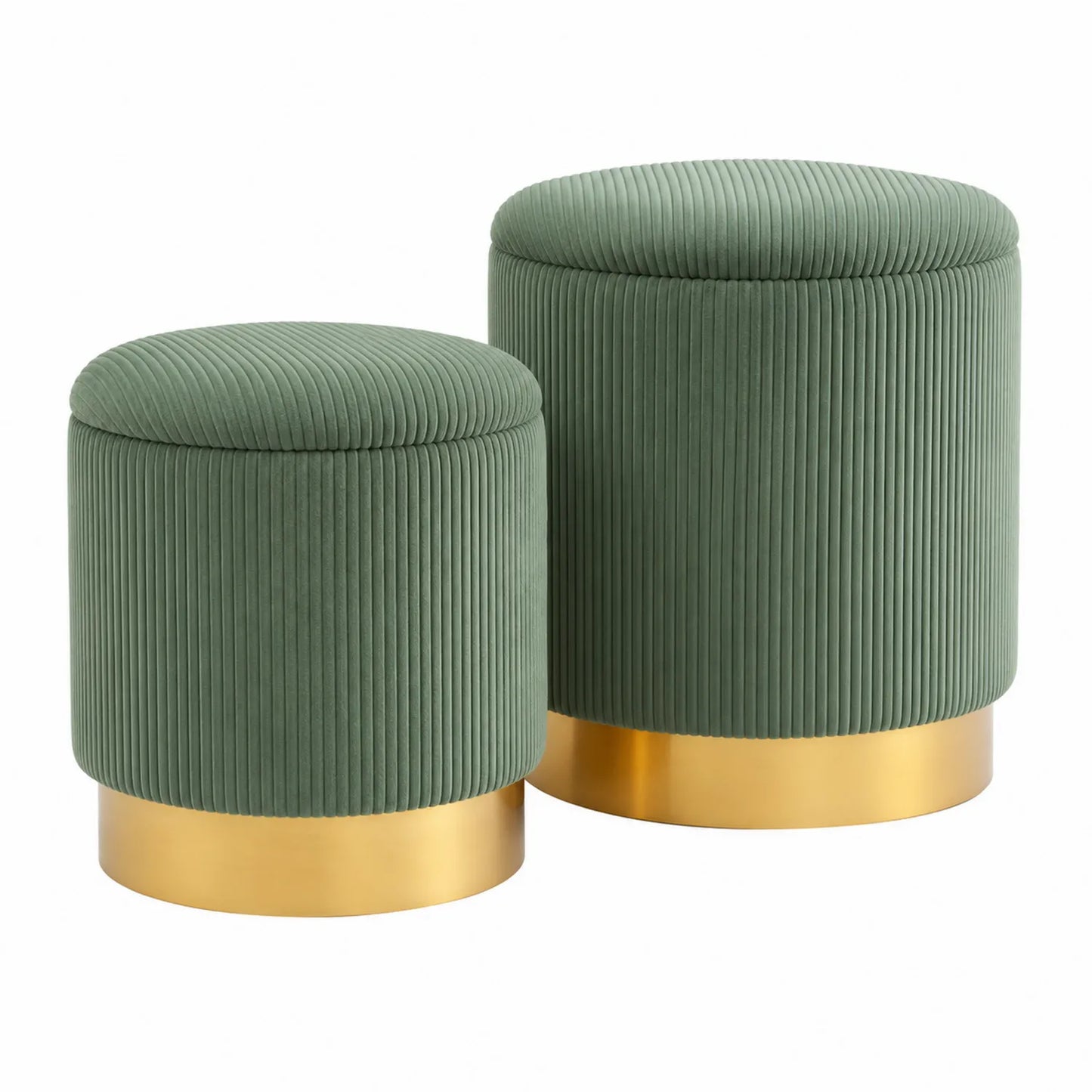 Tabouret rond en velours avec base en métal doré, vert, lot de 2