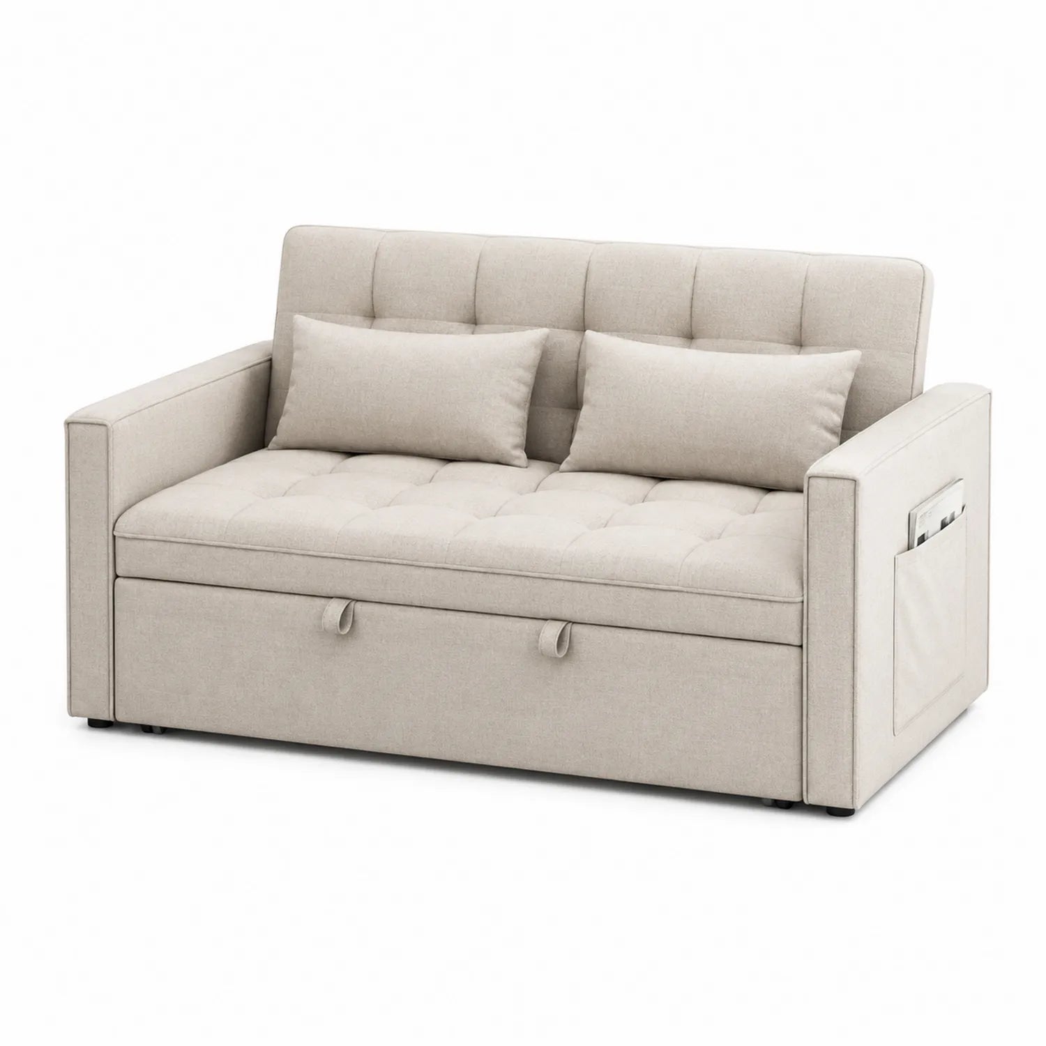Canapé-lit en tissu beige avec rangement et coussins