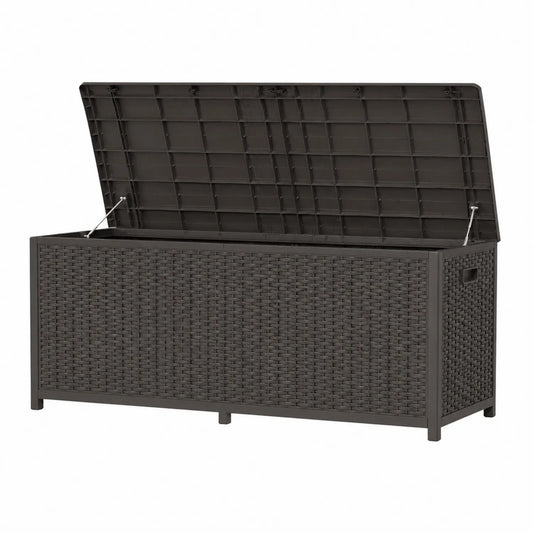 Coffre de Rangement Extérieur en Plastique Imitation Rotin 117x45x57 cm