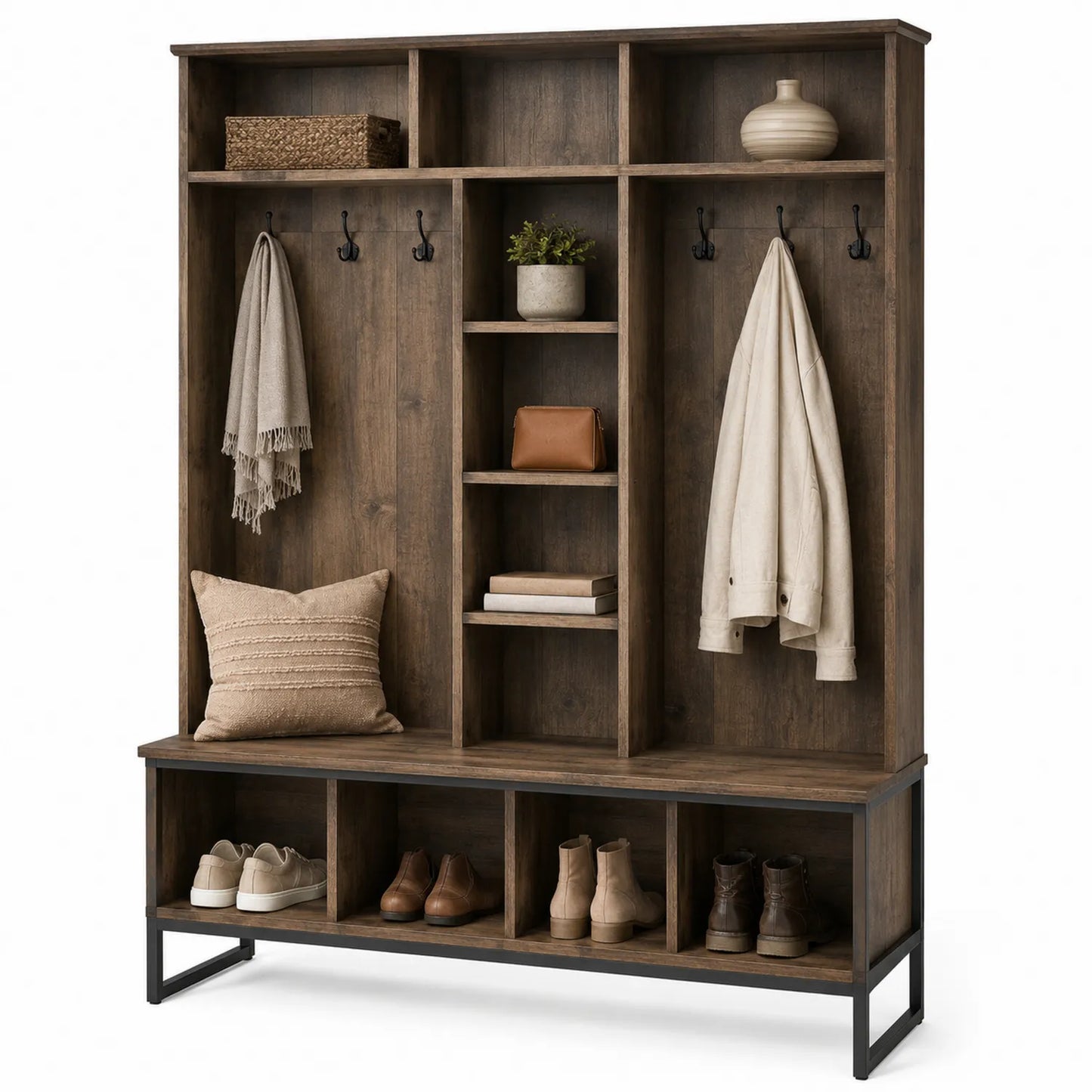Meuble d'entrée avec étagères et portemanteaux en bois et métal marron