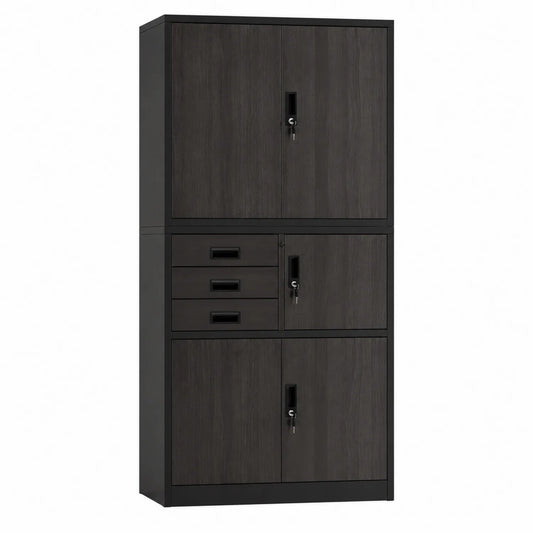 Armoire en métal et bois avec portes verrouillables et tiroirs 200x100x50 cm Noir et Marron