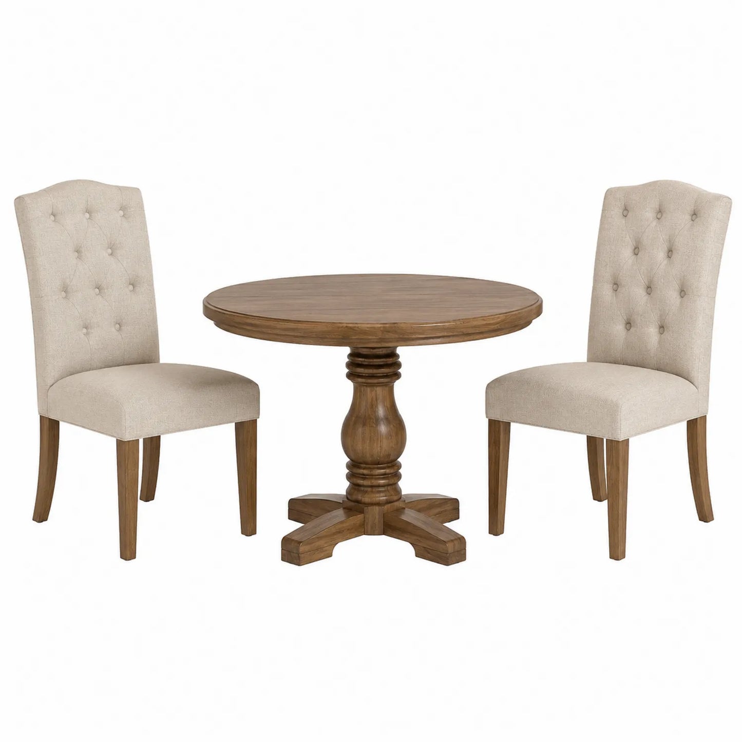 Ensemble table ronde en chêne avec 2 chaises en tissu