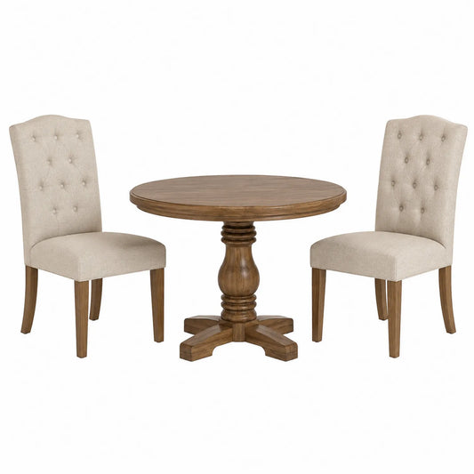 Ensemble table ronde en chêne avec 2 chaises en tissu