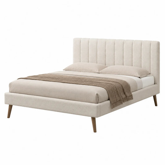 Lit double en tissu beige avec tête de lit à panneaux 200x160cm