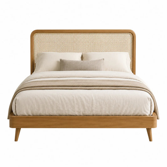 Lit double en bois avec tête de lit en rotin 160x200 cm Beige