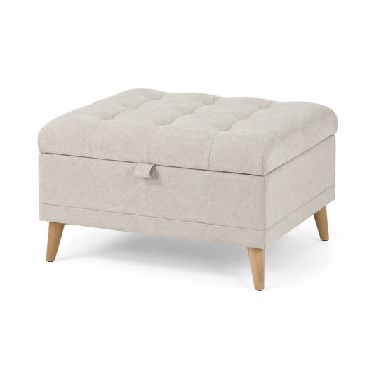 Coffre de rangement en lin beige avec pieds en bois